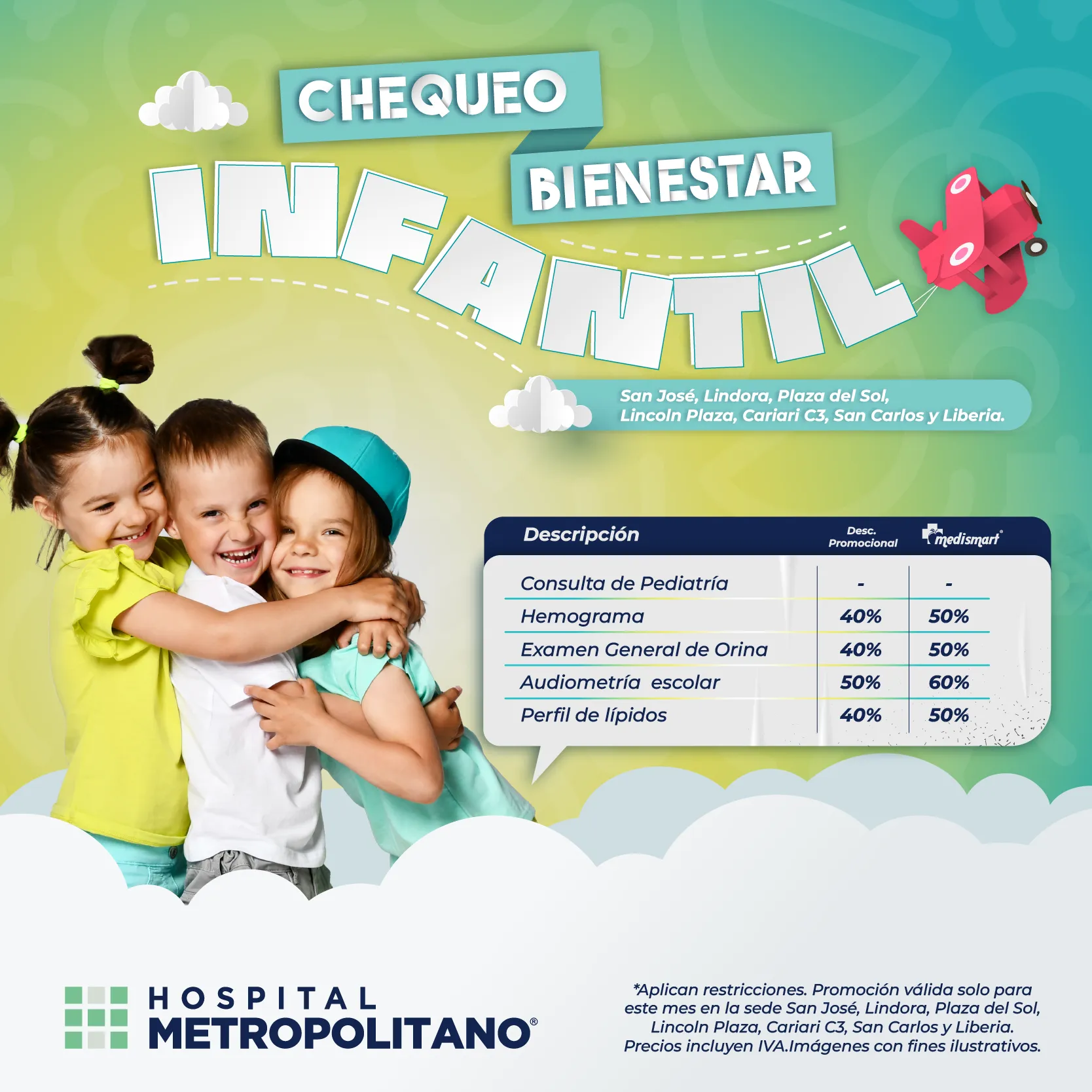 http://Chequeo%20Bienestar%20Infantil.%20Descuentos%20en%20Hemograma%20(50%),%20Examen%20General%20de%20Orina%20(50%),%20Audiometría%20(60%)%20y%20Perfil%20de%20Lípidos%20(50%)%20a%20través%20de%20MediSmart%20en%20todas%20las%20sedes%20principales%20excepto%20Huacas%20y%20Quepos.